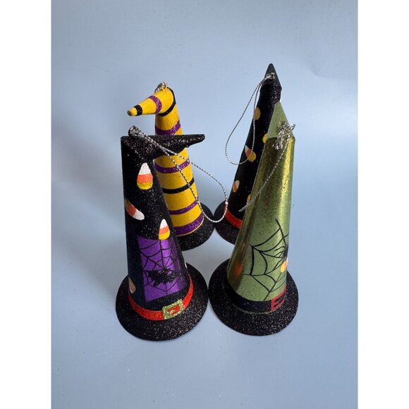 4 Witches Hat Halloween Metal Ornaments 6" With Glitter & Festive Designs - Picture 2 of 7